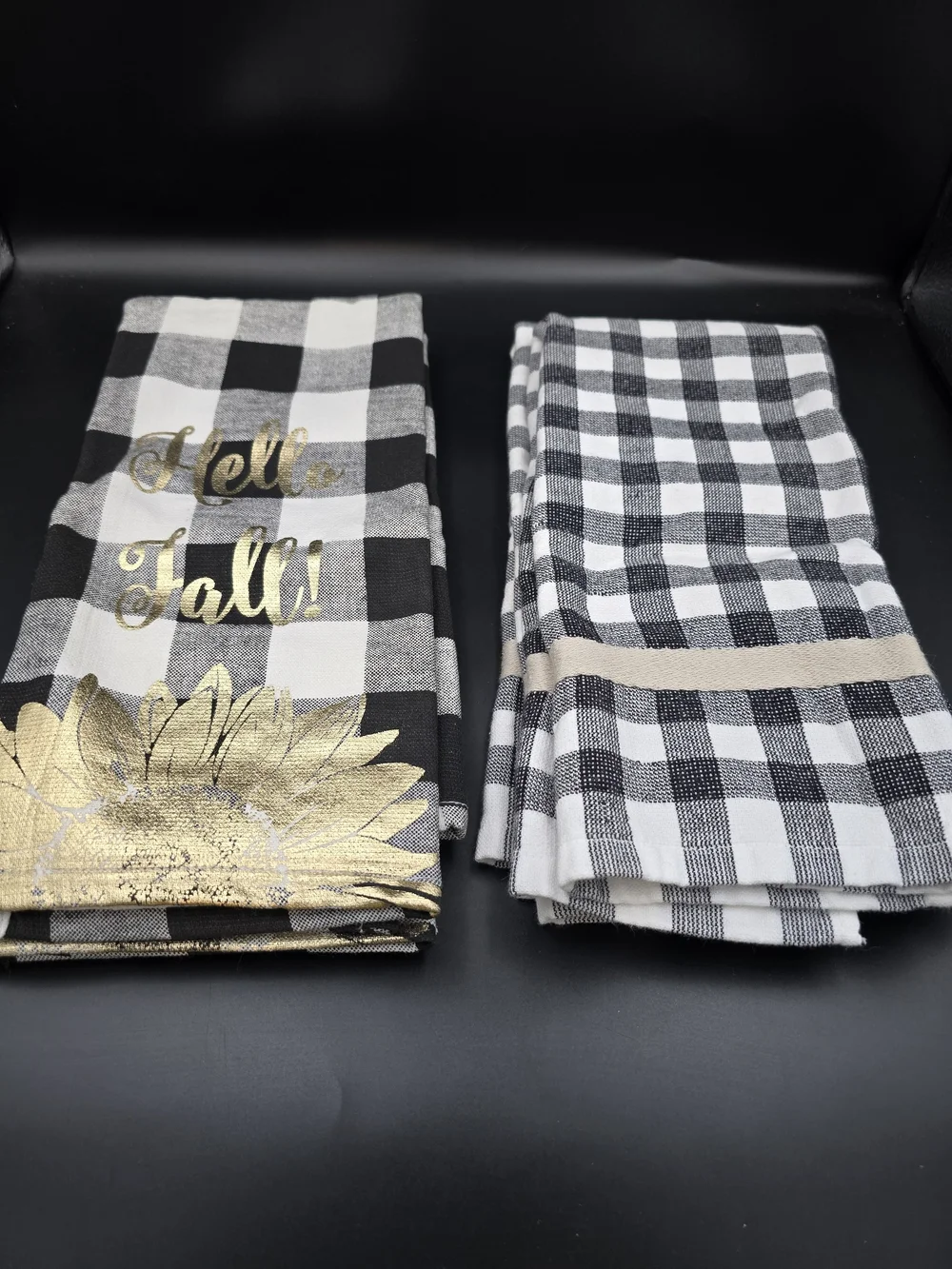 kate spade Black & White Buffalo Check Towels with Gold Sunflower